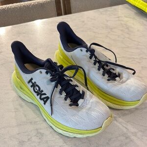 Hoka Men’s light blue, navy and Neon Yellow Sneakers